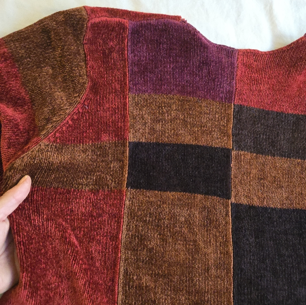 Lord & Taylor Vintage 90s Chenille Colorblock Patchwork VNeck Jewel Tone Sweater - Picture 11 of 12